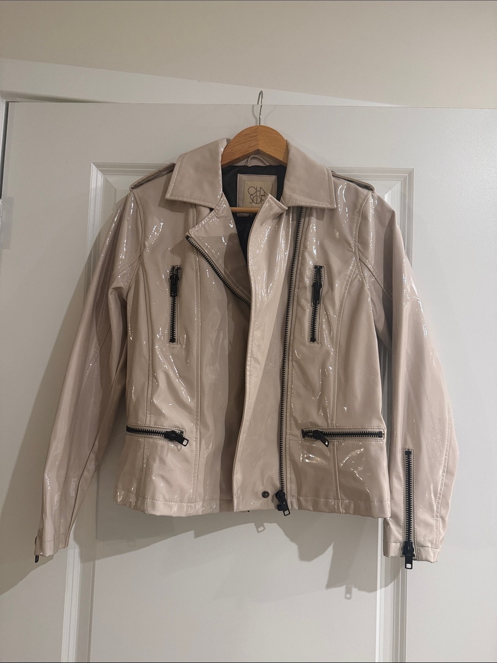 Glossy Taupe Patent Leather Moto Jacket - Women